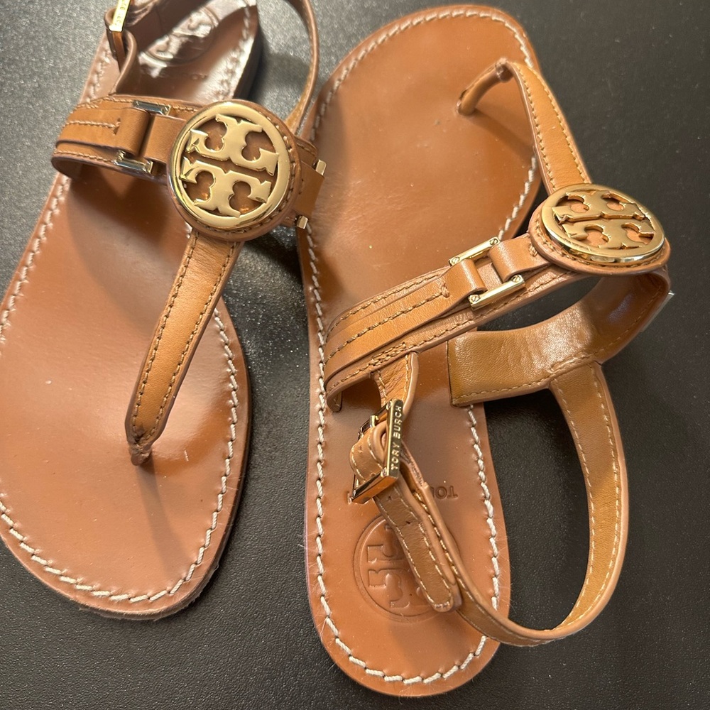 Brown Leather Tory Burch Sandals with Gold Accents